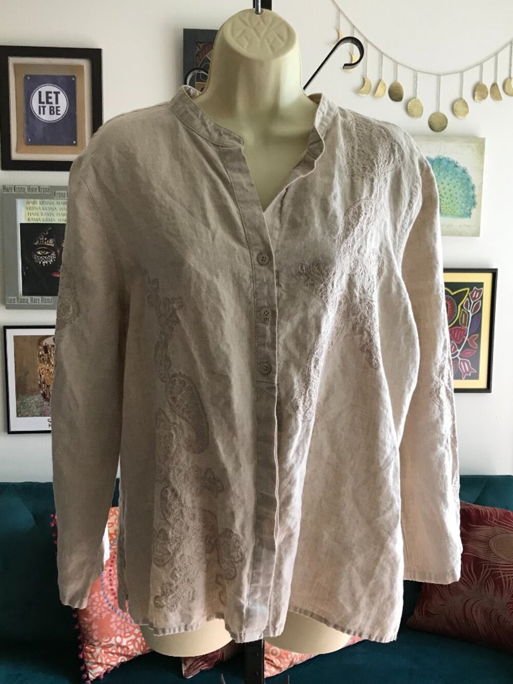 LIZ Claiborne Lizwear size XL Beige Paisley Embroidered Button Front Blouse Top